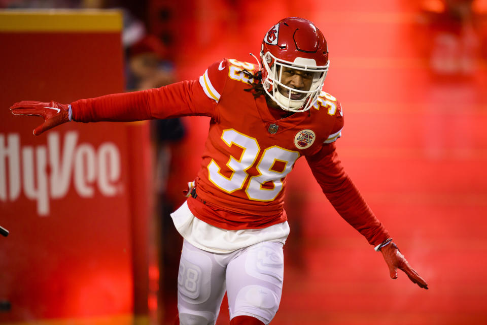 Kansas City Chiefs cornerback L'Jarius Sneed comes onto the field during introductions before playing the Cincinnati Bengals in the NFL AFC Championship playoff football game, Sunday, Jan. 29, 2023 in Kansas City, Mo. (AP Photo/Reed Hoffmann)