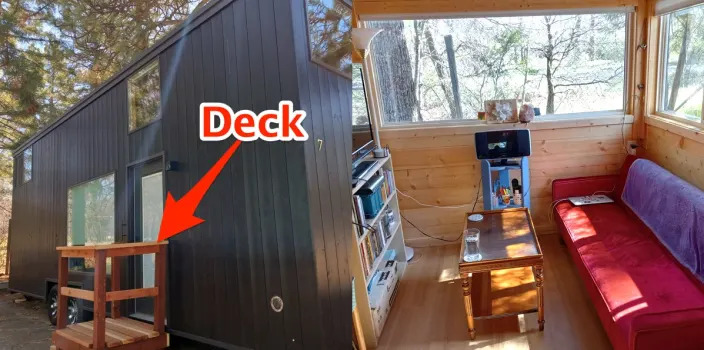 tiny home with arow pointing to deck next to interior living room with couch and tv