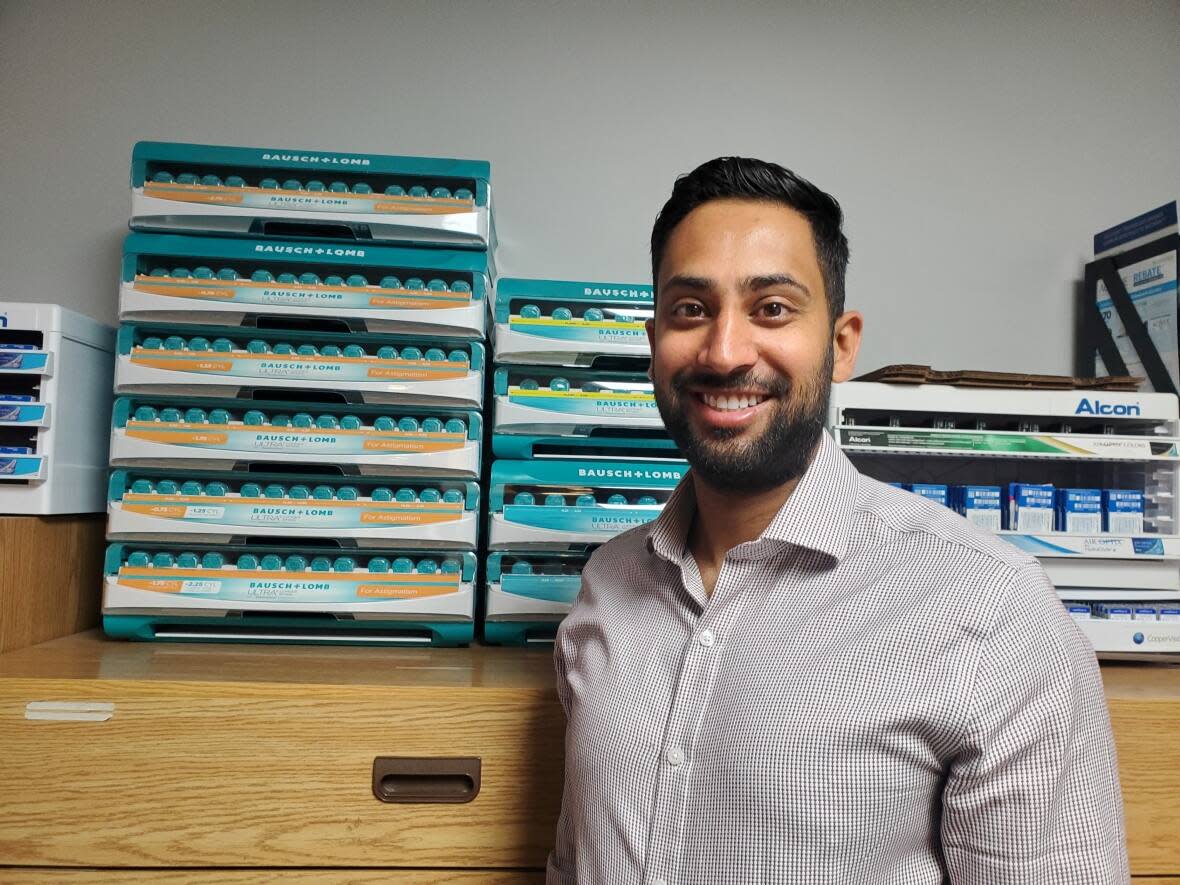 Dr. Riyad Khamis of Huron-Highbury Optometry in London, Ont., says contact lenses are often overlooked from a recycling aspect.  (Isha Bhargava/CBC - image credit)