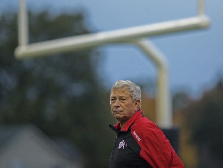 Manchester football coach Jim France looks on before a game against CVCA on Oct. 27, 2017, at James R. France Stadium.