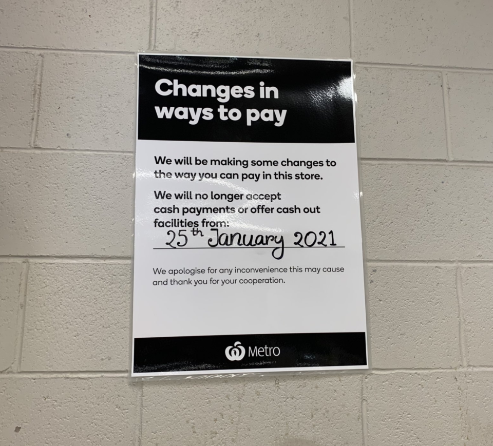 Flyer inside a Metro store stating cashless payments only will commence January 25.