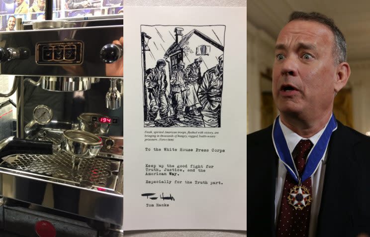 The coffee maker, the note and Tom Hanks. (Photos by Olivier Knox/Yahoo News; Hanks by Alex Wong/Getty Images)