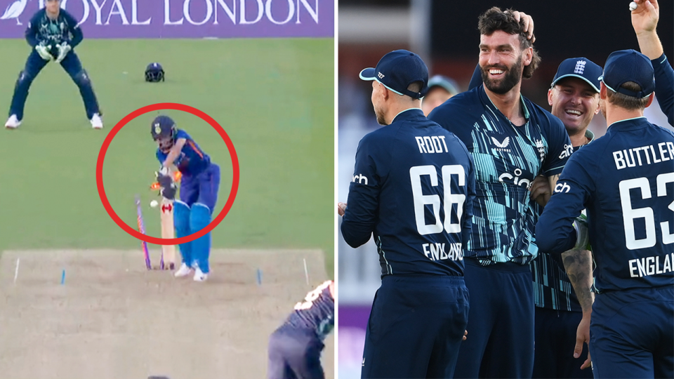 England star Reece Topley (pictured right) celebrating with teammates and (pictured left) bowling out an Indian batter during the ODI cricket match.