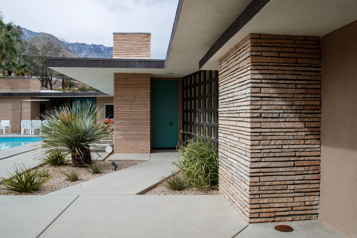 This restored 1949 home designed by architect Herbert Burns features horizontal-laid sandstone and terrazzo floors. The home received recognition on May 12, 2022, as a Designated Class 1 Historic Site in Palm Springs, California.