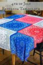 <p>To make this tablecloth, simply line up red, white, and blue bandanas and stitch them together.</p><p><em><strong>Get the tutorial from <a href="http://www.thisgrandmaisfun.com/4th-july-bandanna-tablecloth/" rel="nofollow noopener" target="_blank" data-ylk="slk:This Grandma Is Fun;elm:context_link;itc:0;sec:content-canvas" class="link ">This Grandma Is Fun</a>.</strong></em></p>