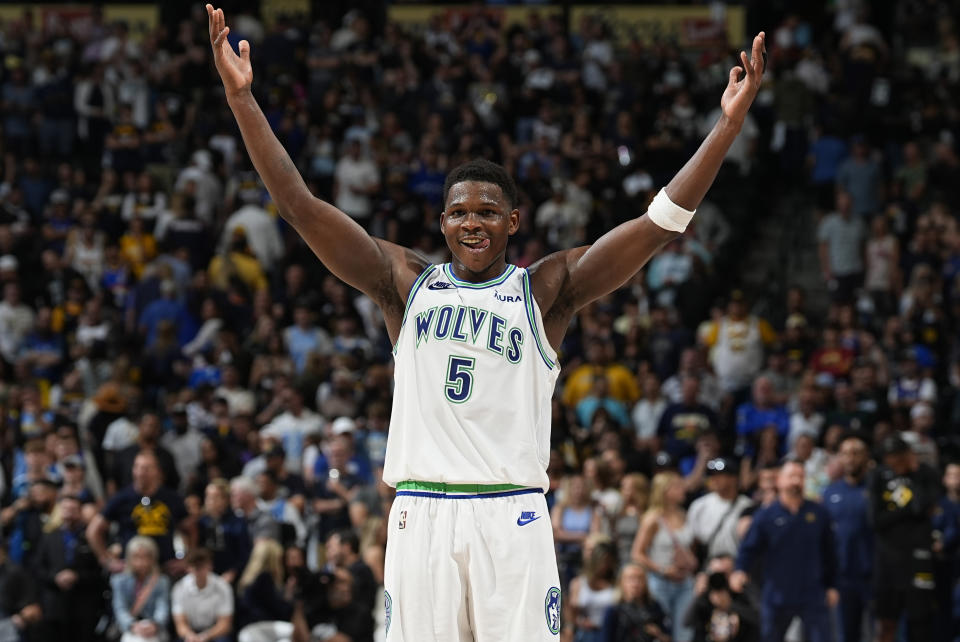 Minnesota Timberwolves guard Anthony Edwards gestures as time runs out in the second half of Game 7 of an NBA second-round playoff series against the Denver Nuggets, Sunday, May 19, 2024, in Denver. (AP Photo/David Zalubowski)