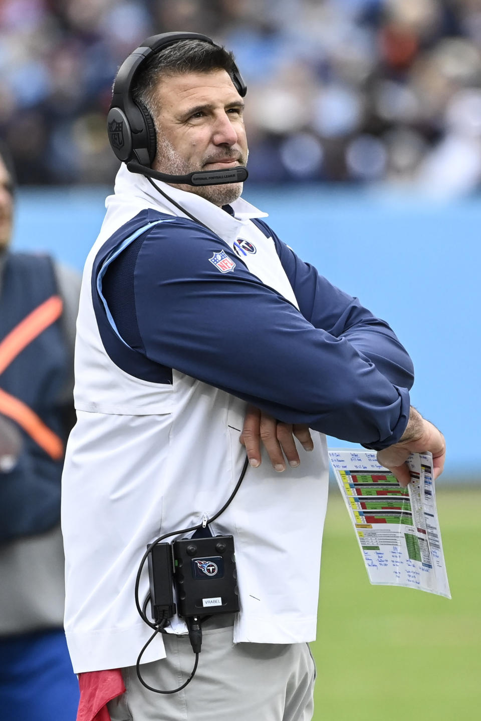 Tennessee Titans head coach Mike Vrabel walks the sidelines during the first half of an NFL football game against the Cincinnati Bengals, Sunday, Nov. 27, 2022, in Nashville, Tenn. (AP Photo/Mark Zaleski)