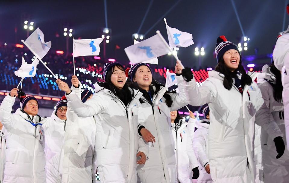 <p>The Parade of Nations is sometimes notable for reasons beyond being able to spot the star athletes from each country. During the opening ceremony of the 2018 Winter Olympic Games in Pyeongchang, delegates from <em>both</em> South Korea and North Korea marched under the Korean Unification Flag together.  </p>