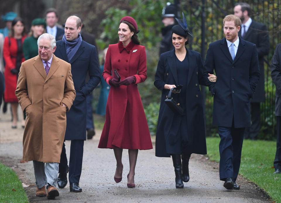 The Prince of Wales, the Duke of Cambridge, the Duchess of Cambridge, the Duchess of Sussex and the Duke of Sussex arriving to attend the Christmas Day morning church service at St Mary Magdalene Church in Sandringham, Norfolk. (Photo by Joe Giddens/PA Images via Getty Images)