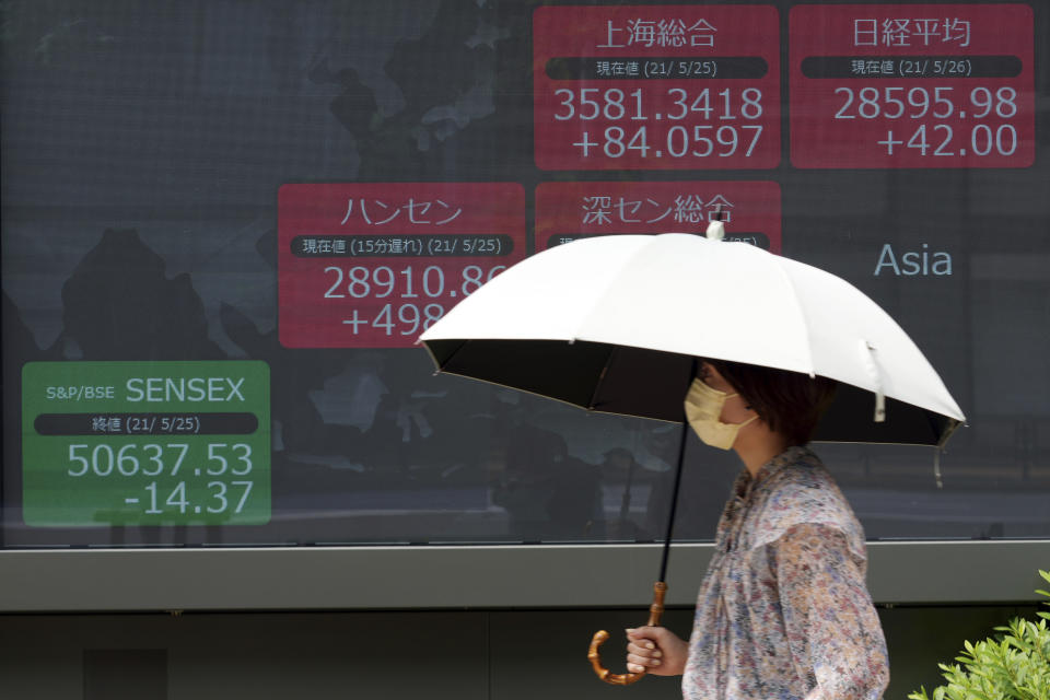 A woman wearing a protective mask walks in front of an electronic stock board showing Japan's Nikkei 225 and other Asian index at a securities firm Wednesday, May 26, 2021, in Tokyo. Asian stock markets rose Wednesday as inflation fears eased and investors looked ahead to U.S. data that are expected to show economic growth accelerating. (AP Photo/Eugene Hoshiko)