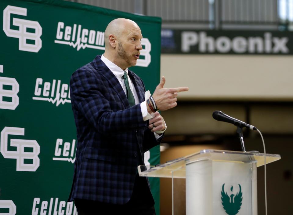 UWGB men's basketball coach Sundance Wicks speaks during an introductory news conference Wednesday at the Kress Center in Green Bay.