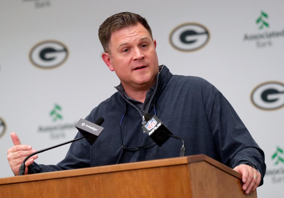 Green Bay Packers general manager Brian Gutekunst speaks to media after trading quarterback Aaron Rodgers to the New York Jets on April 25, 2023, at Lambeau Field in Green Bay, Wis.

Gpg Gutekunstpresser 042623 Sk26