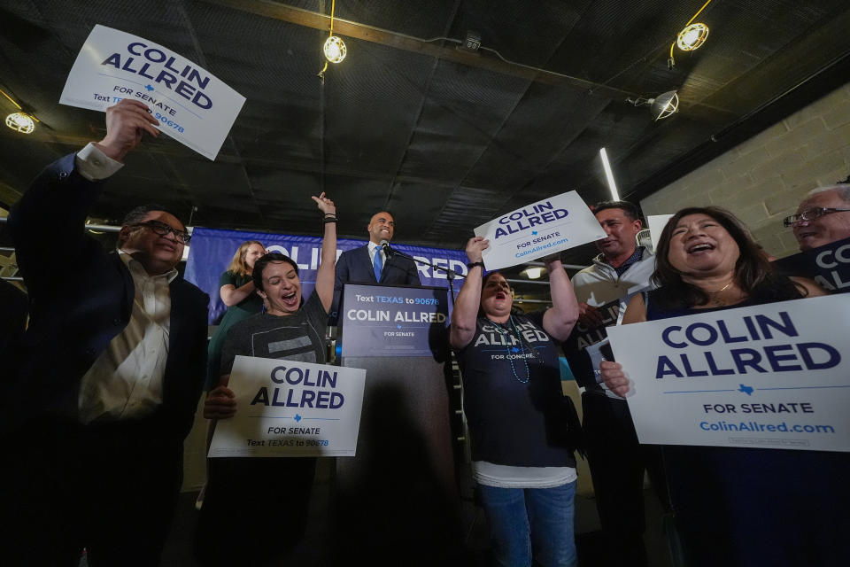 Supporters of U.S. Rep. Colin Allred, D-Texas, a candidate for the U.S. Senate, react as he addresses them during an election night gathering, Tuesday, March 5, 2024, in Dallas. (AP Photo/Julio Cortez)