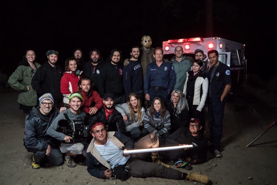 Vincente DiSanti, at center next to Jason, poses with the crew of "Never Hike Alone," a "Friday the 13th" fan film.