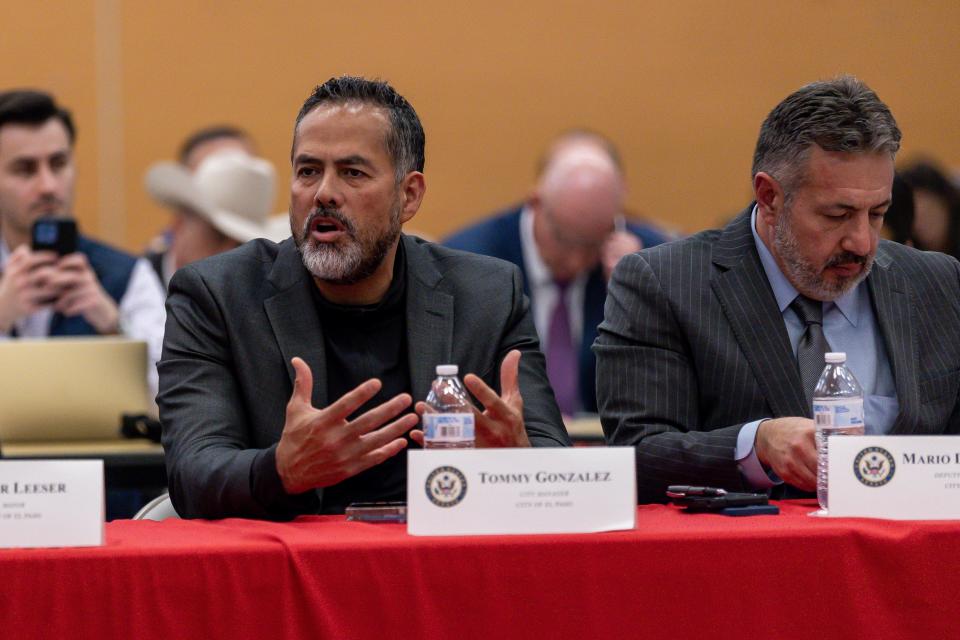 El PasoCity Manager Tommy Gonzalez speaks at a roundtable discussion with officials from the City of El Paso, local non-profits, law enforcement officials, businesses and other stakeholders at the Emergency Migrant Operations Facility located in the recently shuttered Bassett Middle School in El Paso, Texas, on Monday, Jan 9, 2023.