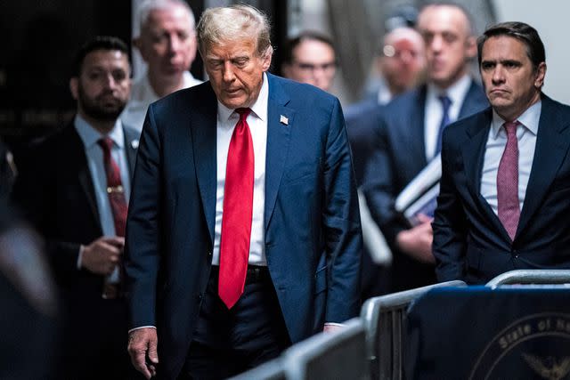 <p>Jabin Botsford-Pool/Getty </p> Donald Trump arrives for day one of his criminal trial in New York on April 15, 2024