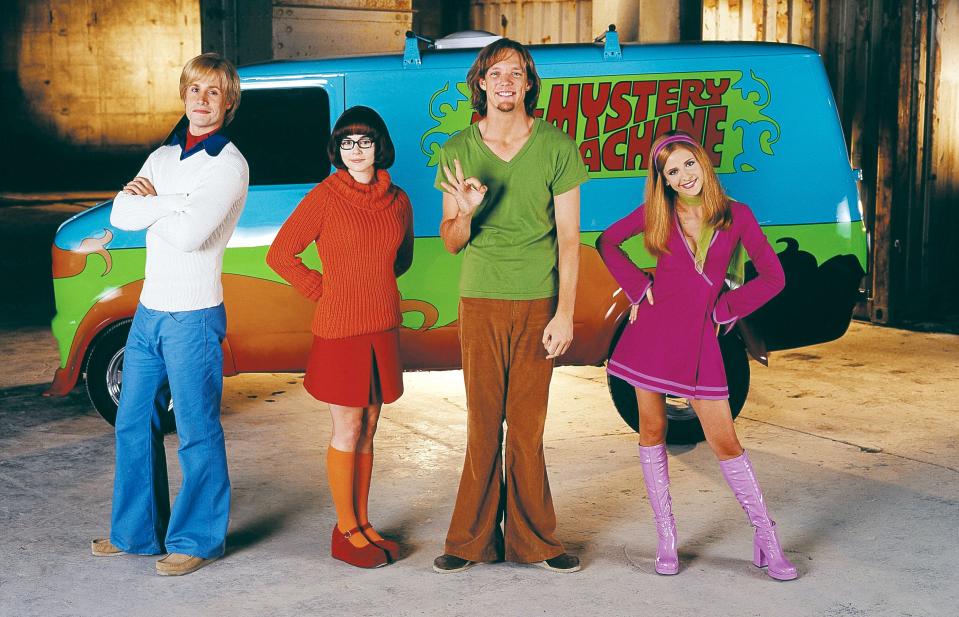 Fred (Freddie Prinze Jr., left), Velma (Linda Cardellini), Shaggy (Matthew Lillard) and Daphne (Sarah Michelle Gellar) in the 2002 movie "Scooby-Doo."