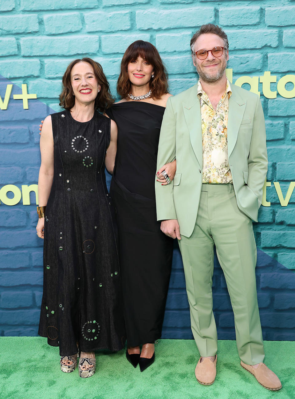 (L-R) Francesca Delbanco, Rose Byrne, and Seth Rogen attend the Los Angeles premiere of Apple TV+ Original Series "Platonic" at Regal LA Live on May 10, 2023 in Los Angeles, California.