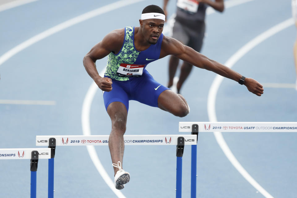 Rai Benjamin clears a hurdle during a preliminary heat in the men's 400-meter hurdles at the U.S. Championships athletics meet, Thursday, July 25, 2019, in Des Moines, Iowa. (AP Photo/Charlie Neibergall)