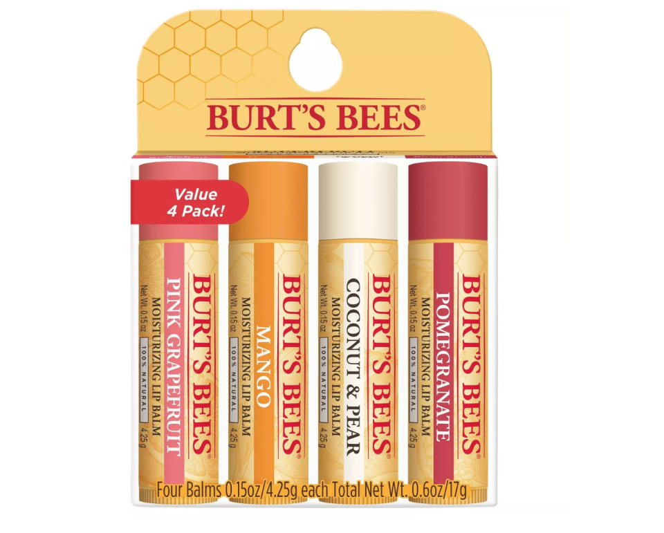 <p><strong>Burt's Bees</strong></p><p>target.com</p><p><strong>$9.59</strong></p><p><a href="https://www.target.com/p/burt-s-bees-superfruit-lip-balm-4-ct/-/A-14483897" rel="nofollow noopener" target="_blank" data-ylk="slk:Shop Now;elm:context_link;itc:0;sec:content-canvas" class="link ">Shop Now</a></p><p>Burt's Bees: the official makeup brand of <a href="https://www.seventeen.com/fashion/trends/a28710648/what-is-a-vsco-girl/" rel="nofollow noopener" target="_blank" data-ylk="slk:VSCO girls;elm:context_link;itc:0;sec:content-canvas" class="link ">VSCO girls</a> across the nation. </p>