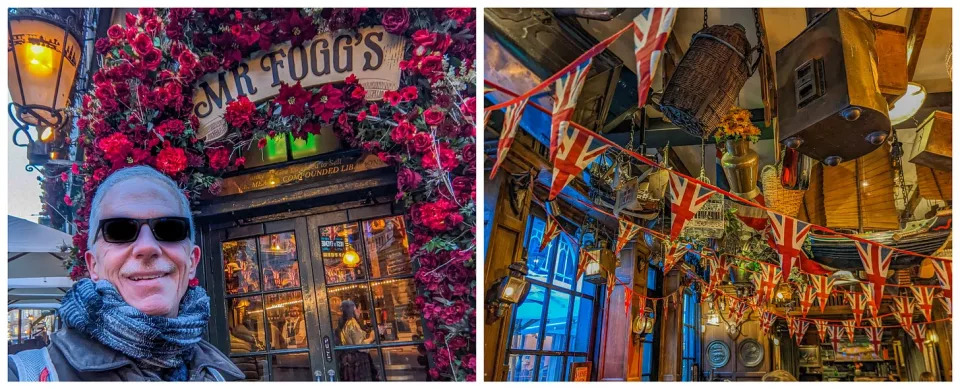 Exterior and interior of Mr. Fogg's including lots of British flags. 
