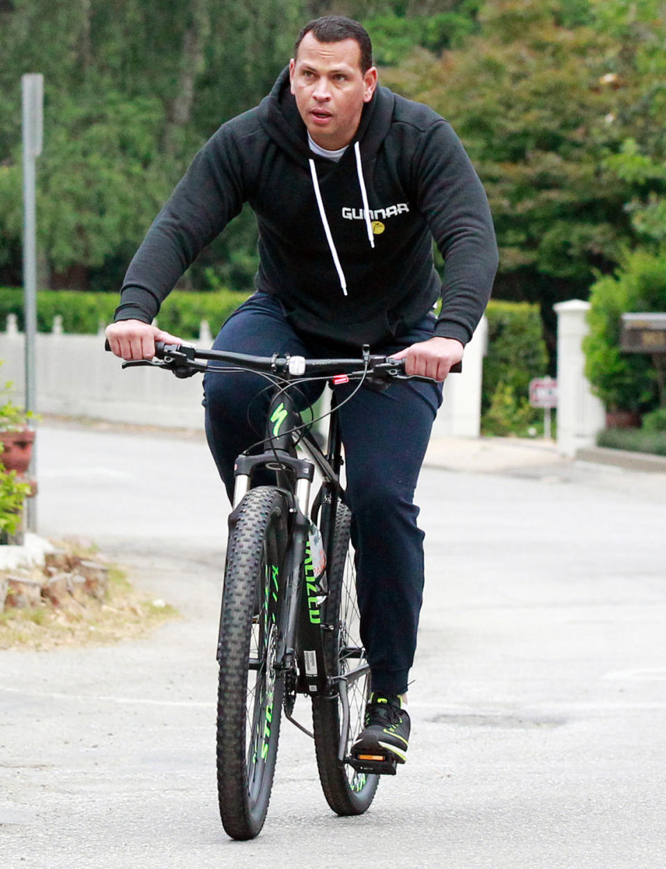 <p>Alex Rodriguez cruises through L.A. on Tuesday wearing a hoodie and matching sweats.</p>