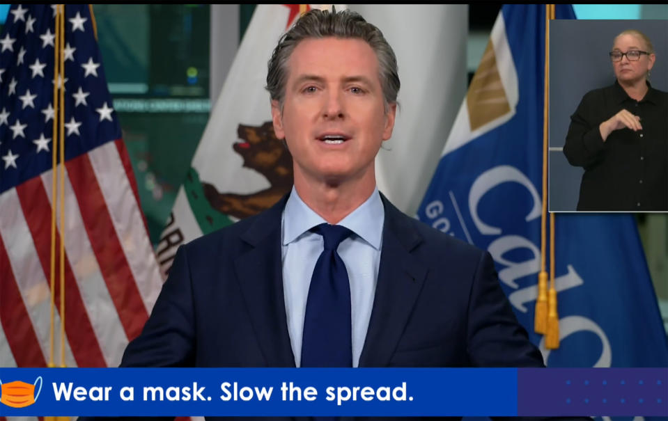 In this image taken from a live-streamed video from the California Governor's Office, California Gov. Gavin Newsom talks during a news conference on Monday, Oct. 19, 2020, in Sacramento, Calif. Newsom said California won't allow any distribution of new coronavirus vaccines in the nation's most populous state until it is reviewed by the state's own panel of experts. (California Governor's Office via AP)