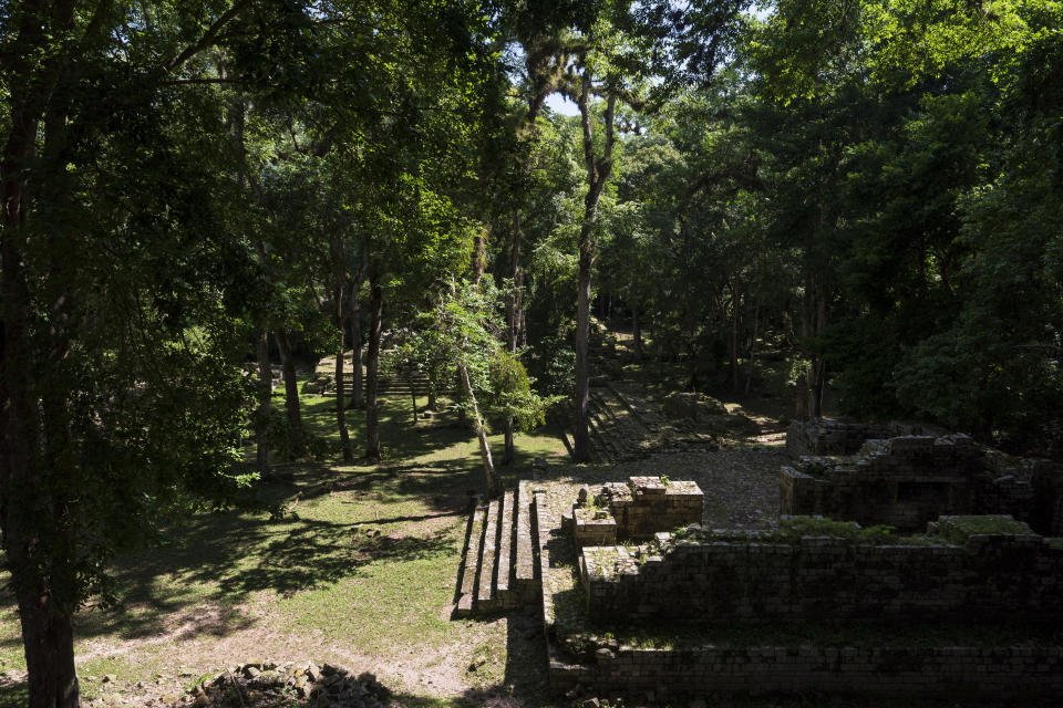 A general view of the Royal Residential Group buildings of Copan, an ancient Maya site in western Honduras, Saturday, Sept. 23, 2023. (AP Photo/Moises Castillo)