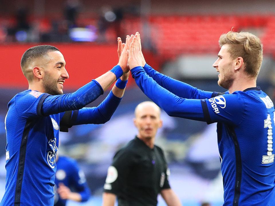 Timo Werner (right) provided the assist for Hakim Ziyech’s winner against Man City on Saturday (Getty Images)