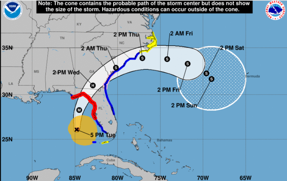 Hurricane Idalia's forecast cone from the National Hurricane Center as of 5 p.m. Tuesday, Aug. 29. [National Hurricane Center/NWS]