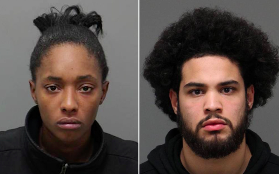 <em>Brianna Ashanti Lofton and Allan Maldonado have been charged over a video showing a baby smoke marijuana (AP/Johnston County Jail)</em>