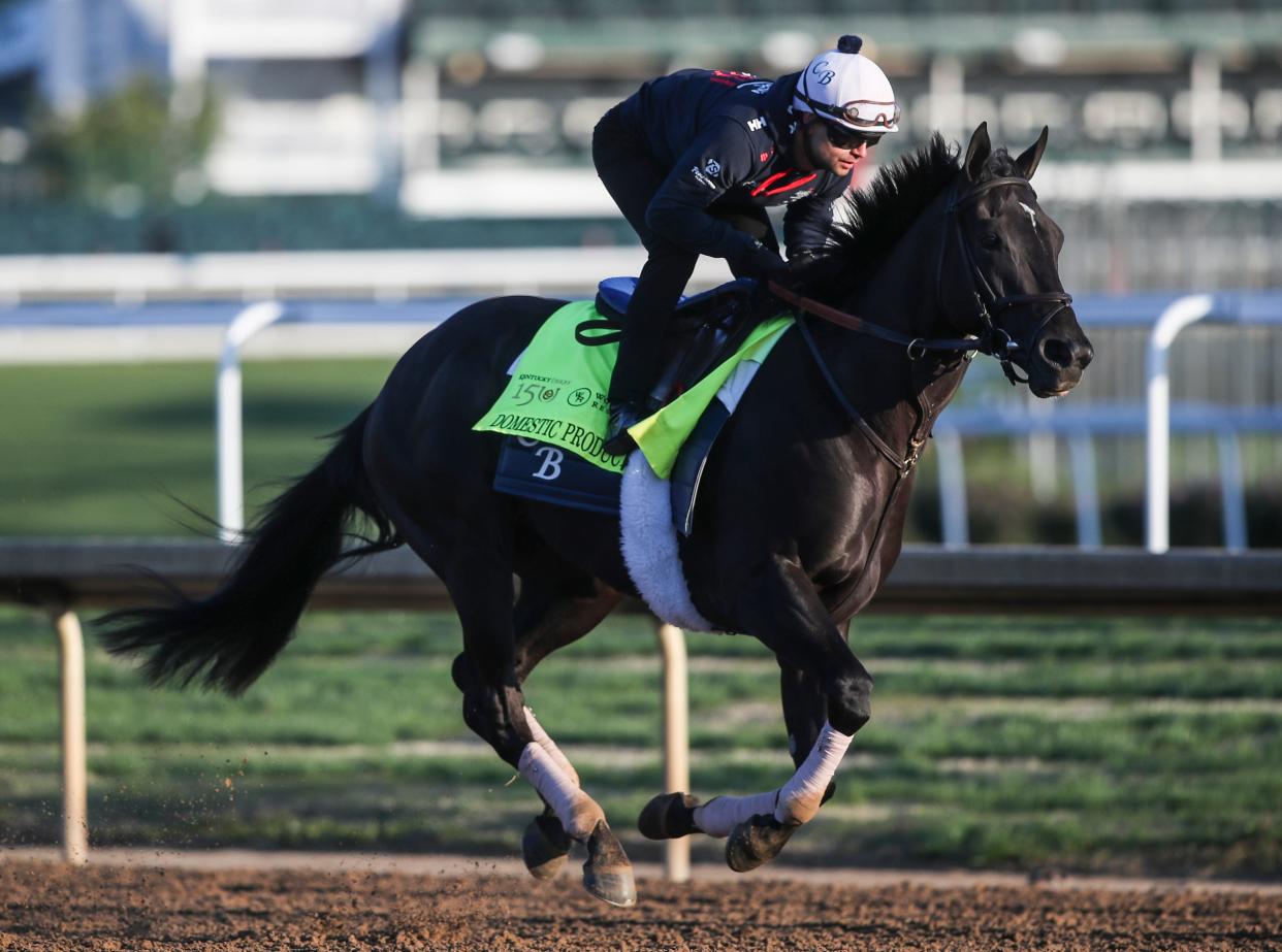 Kentucky Derby contender Domestic Product works at Churchill Downs in Louisville, Ky. April 25, 2024. The horse is trained by Chad Brown.