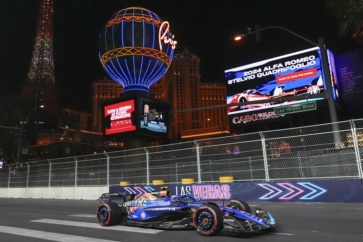 Williams driver Logan Sargeant, of the United States, drives during the second practice session for the Formula One Las Vegas Grand Prix auto race, Friday, Nov. 17, 2023, in Las Vegas. (AP Photo/Nick Didlick)