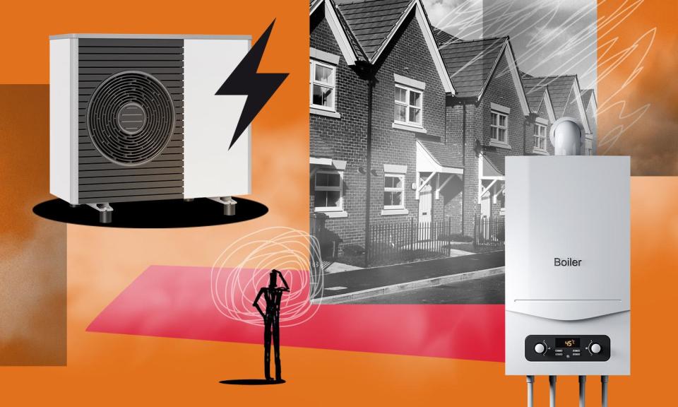 <span>Some households are confused about the potential benefits of heat pumps.</span><span>Illustration: Owen Price/Getty Images; Comosite: Guardian Design</span>
