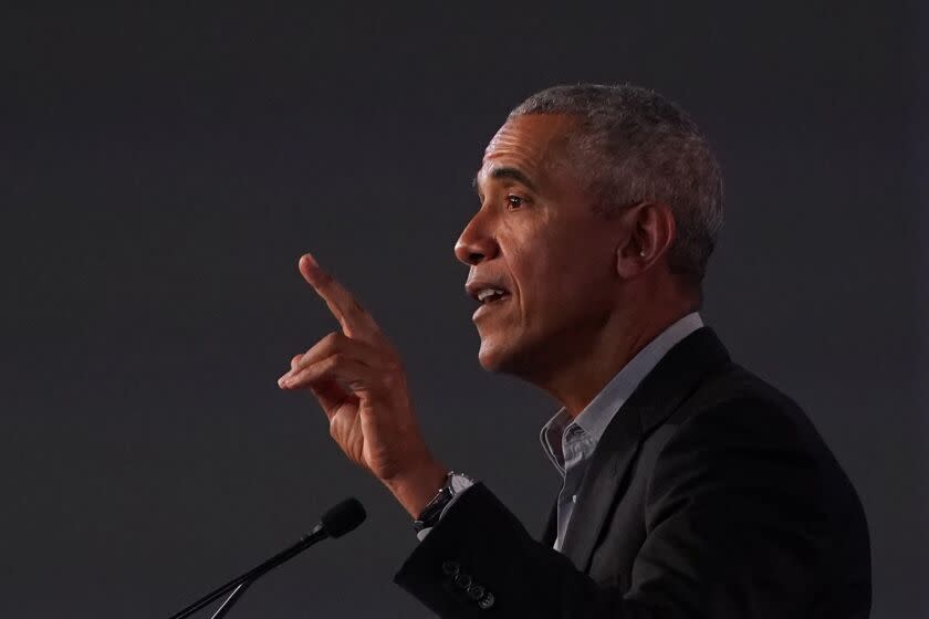 GLASGOW, SCOTLAND - NOVEMBER 08: Former US president Barack Obama speaks during day 9 of COP26 on November 8, 2021 in Glasgow, Scotland. Day Nine of the 2021 climate summit in Glasgow will focus on delivering the practical solutions needed to adapt to climate impacts and address loss and damage. This is the 26th "Conference of the Parties" and represents a gathering of all the countries signed on to the U.N. Framework Convention on Climate Change and the Paris Climate Agreement. The aim of this year's conference is to commit countries to net-zero carbon emissions by 2050. (Photo by Ian Forsyth/Getty Images)