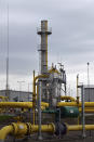 The pipelines during an opening ceremony of the Baltic Pipe in Budno, Poland, Tuesday, Sept. 27, 2022. The event marks the end of the process of the Baltic Pipe construction, a key route to carry gas from Norway through Denmark to Poland and neighboring countries. (AP Photo)