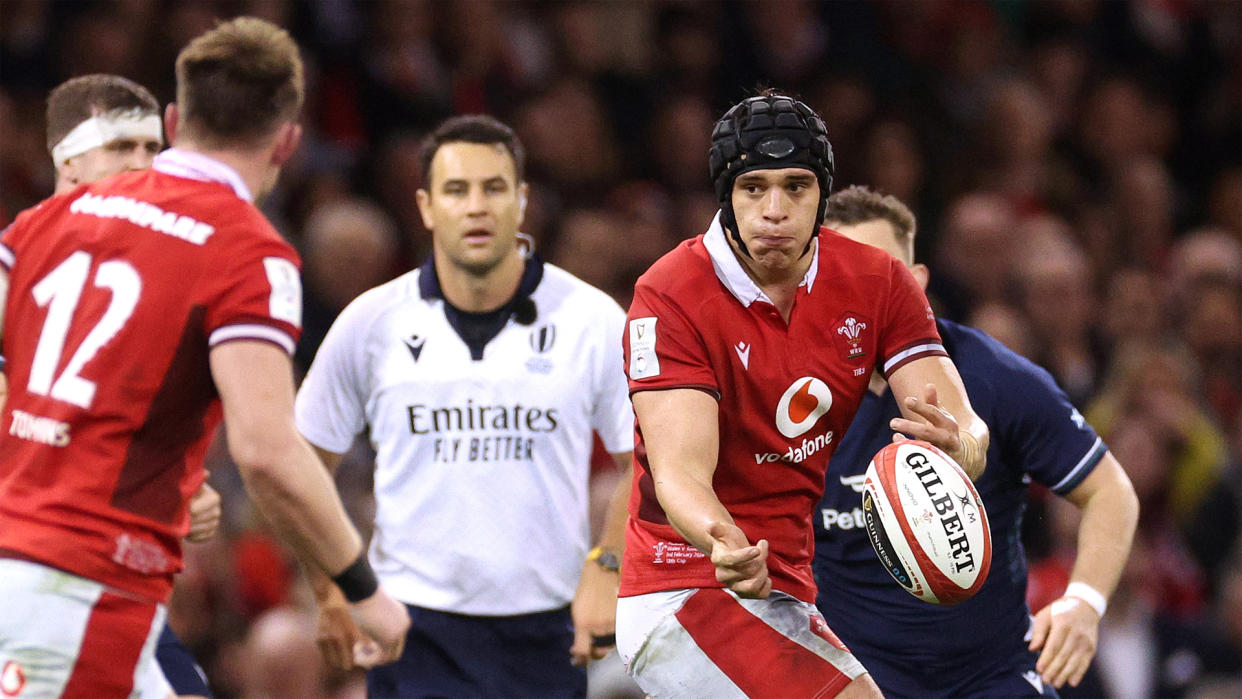  Welsh captain Dafydd Jenkins passes the ball in the 2024 Six Nations ahead of the Wales vs France live stream. 