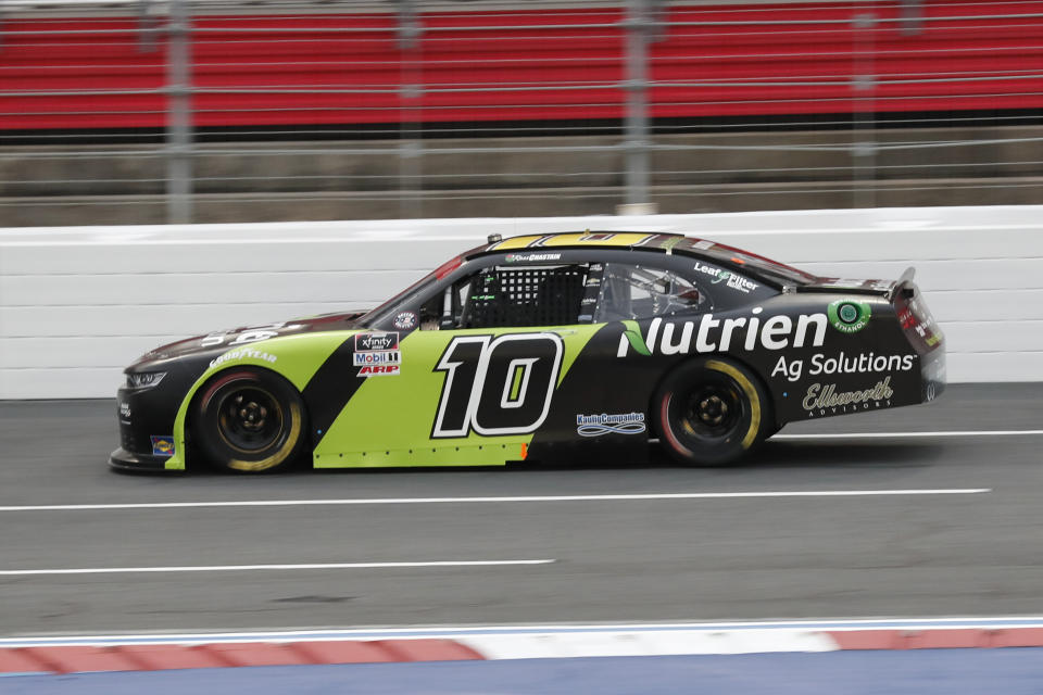 Ross Chastain drives during a NASCAR Xfinity Series auto race at Charlotte Motor Speedway Monday, May 25, 2020, in Concord, N.C. (AP Photo/Gerry Broome)