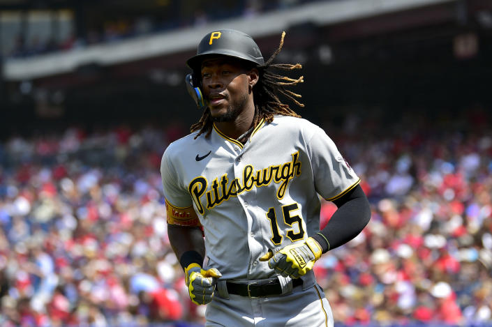 Pittsburgh Pirates' Oneil Cruz reacts after scoring on a single hit by Ke'Bryan Hayes during the first inning of baseball game against the Philadelphia Phillies, Sunday, Aug. 28, 2022, in Philadelphia. (AP Photo/Derik Hamilton)