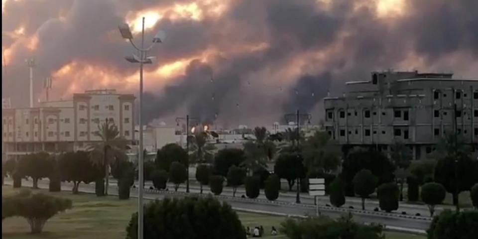 Smoke is seen following a fire at an Aramco factory in Abqaiq, Saudi Arabia, September 14, 2019 in this picture obtained from social media. VIDEOS OBTAINED BY REUTERS/via REUTERS 