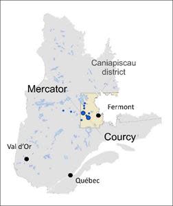 Location of Stelmine properties in the northeastern province of Québec