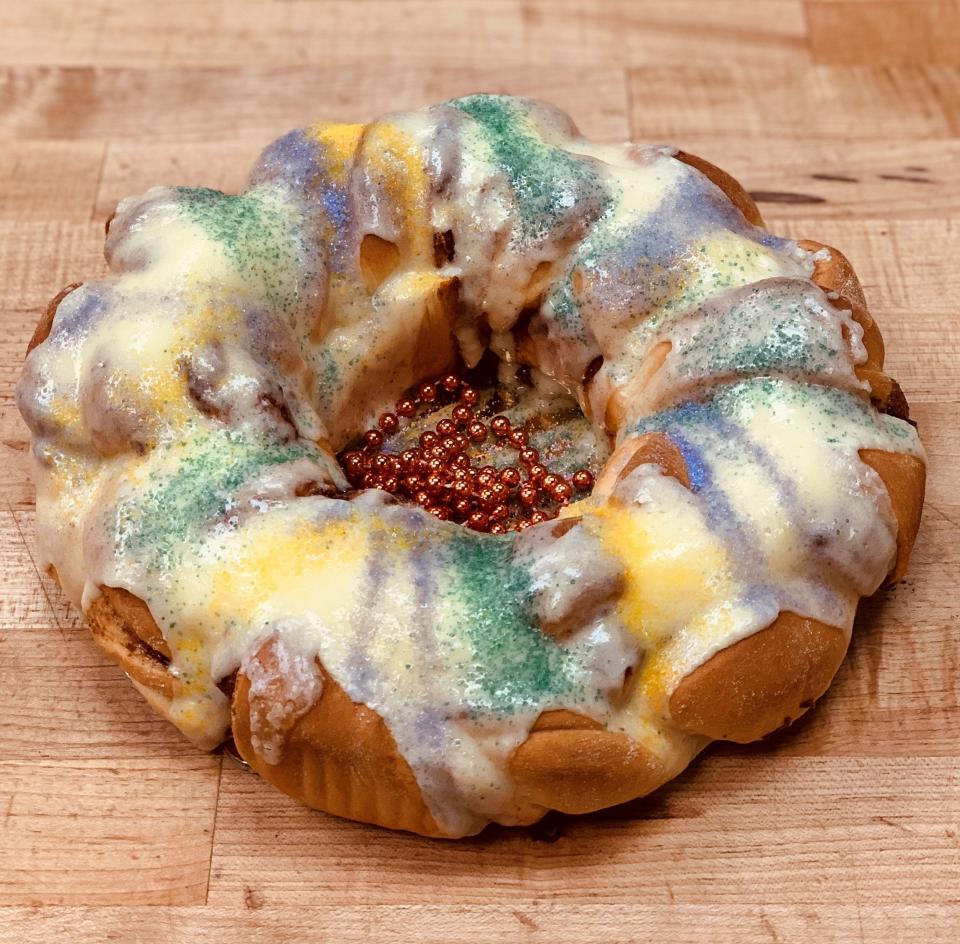 Fritz's Bakery, in Langhorne, sells king cakes made with hand-rolled sweet dough, butter, cinnamon and brown sugar. It is then topped with colorful melted whipped cream cheese icing and comes with Mardi Gras beads and a tiny plastic baby on the side.