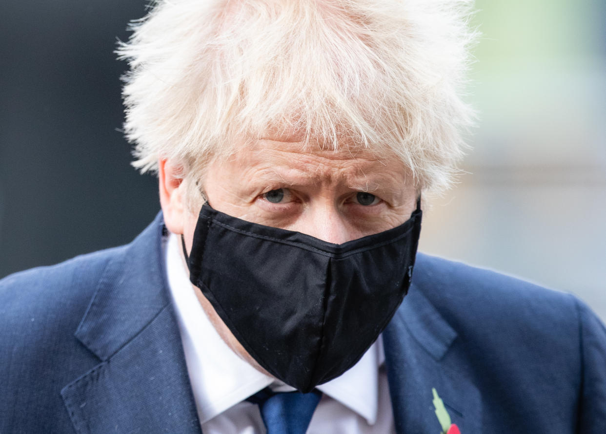 LONDON, ENGLAND - NOVEMBER 11: Boris Johnson attends a service to commemorate the Centenary Of The Burial Of The Unknown Warrior at Westminster Abbey on November 11, 2020 in London, England. (Photo by Pool/Samir Hussein/WireImage)