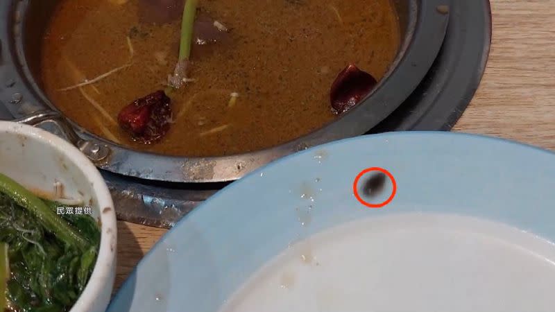 有民眾拍下到知名火鍋店用餐，從火鍋湯裡撈出蟑螂屍體。（圖／民眾提供）