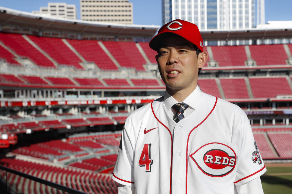 Cincinnati Reds outfielder Shogo Akiyama is interviewed at Great American Ball Park after a news conference, Wednesday, Jan. 8, 2020, in Cincinnati. Outfielder Shogo Akiyama agreed to a $21 million, three-year deal with the Cincinnati Reds, the only major league team that hasn't had a player born in Japan. The 31-year-old center fielder was a five-time All-Star during his nine seasons with the Seibu Lions in Japan's Pacific League. (AP Photo/John Minchillo)