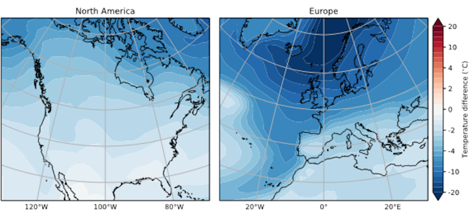 Two maps show the US and Europe both cooling several degrees when the AMOC stops.