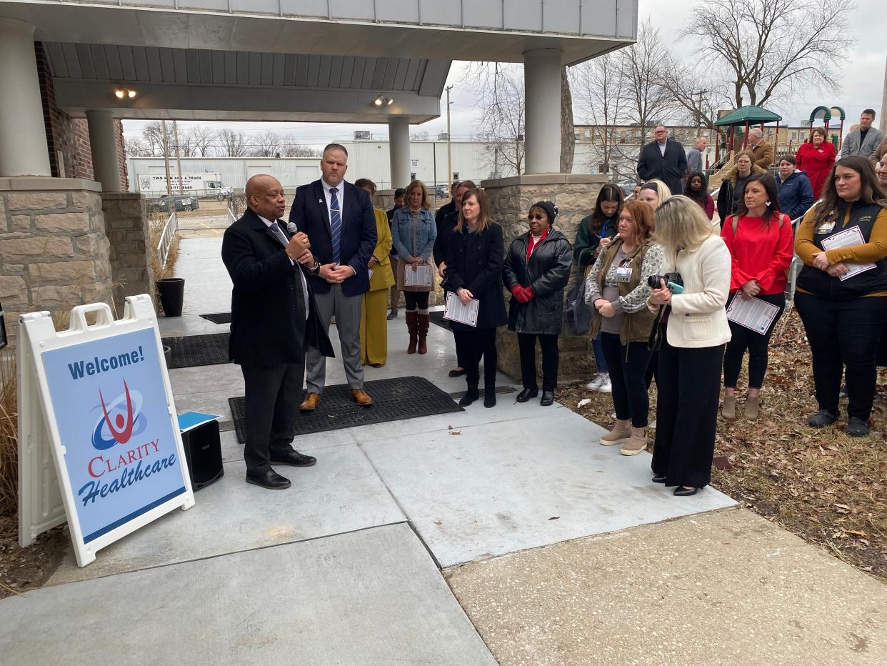 Columbia Public Schools Superintendent Brian Yearwood on Tuesday speaks at the dedication of the new Clarity Healthcare Scholar Clinic, a partnership with CPS.