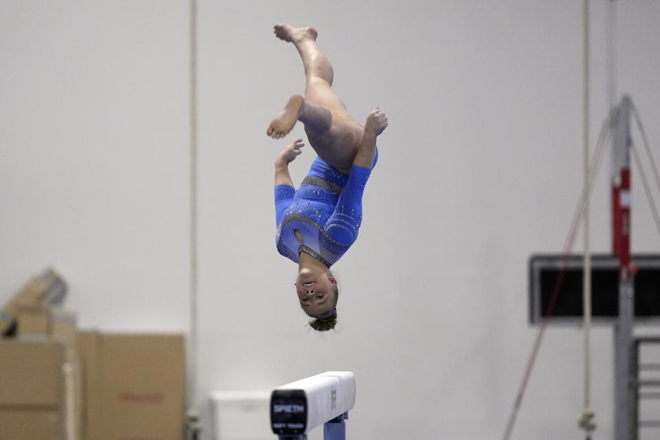 Joscelyn Roberson competes on the balance beam at the American Classic Saturday, April 27, 2024, in Katy, Texas. (AP Photo/David J. Phillip)