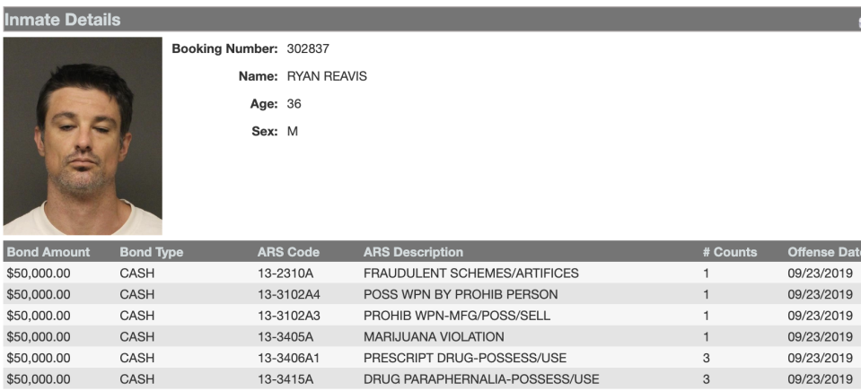 The mugshot of Ryan Reavis, who has been arrested in connection with Mac Miller's drug overdose death. (Screenshot: mohavecounty.us)