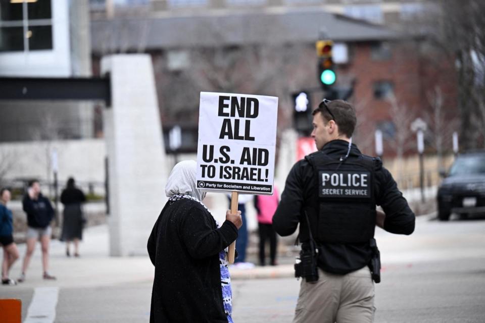 PHOTO: Demonstrators in support of Palestinians gather near the Wisconsin coordinated campaign headquarters where US President Joe Biden President Biden is speaking in Milwaukee, Wis., on March 13, 2024.  (Brendan Smialowski/AFP via Getty Images, FILE)